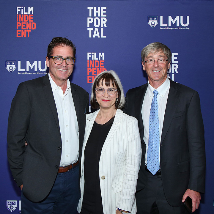 Film Independent President Josh Welsh, LMU School of Film and Television Dean Peggy Rajski, and LMU President Timothy Law Snyder standing