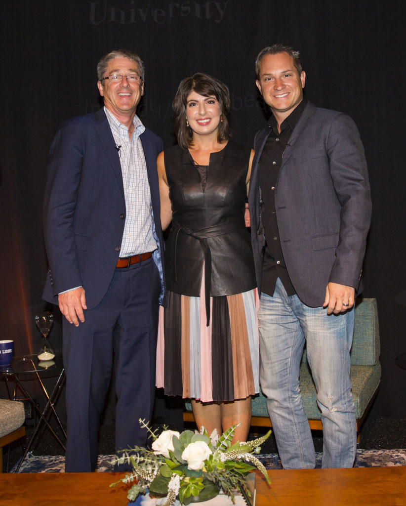 President Timothy Law Snyder, Ph.D., Claudine Cazian Britz, '00, head of entertainment partnerships for Instagram; and Sean Kane, '99, entrepreneur and co-founder of the Honest Co. took part in a recent Playa Vista networking event.